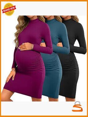 3pk Maternity Bodycon Dresses Long Sleeve Mock Neck Side Ruched